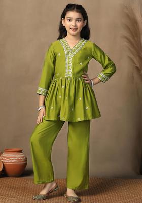 Green Embroidered Silk Kurta Set For Girls