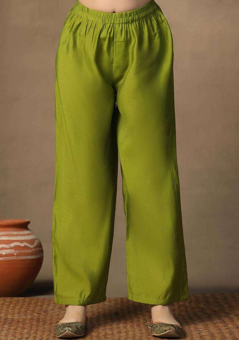 Green Embroidered Silk Kurta Set For Girls - Indya