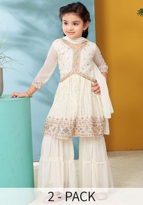 Cream Embroidered Georgette Anarkali Kurta Set For Girls