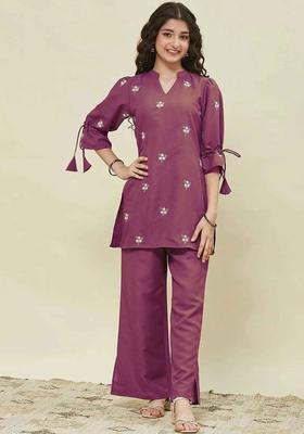 Purple Embroidered Silk Kurta Set For Girls