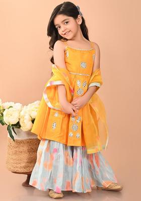 Yellow Embroidered Silk Kurta Set For Girls