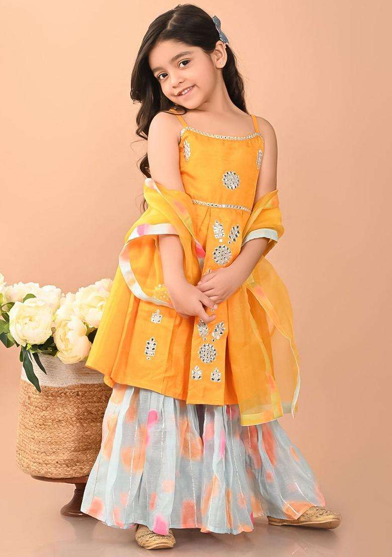 Yellow Embroidered Silk Kurta Set For Girls - Indya