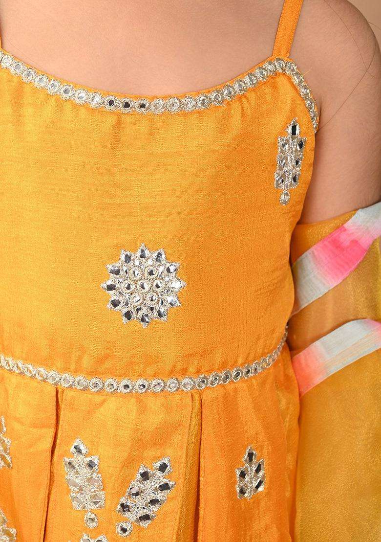 Yellow Embroidered Silk Kurta Set For Girls - Indya
