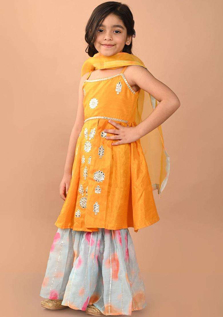 Yellow Embroidered Silk Kurta Set For Girls - Indya