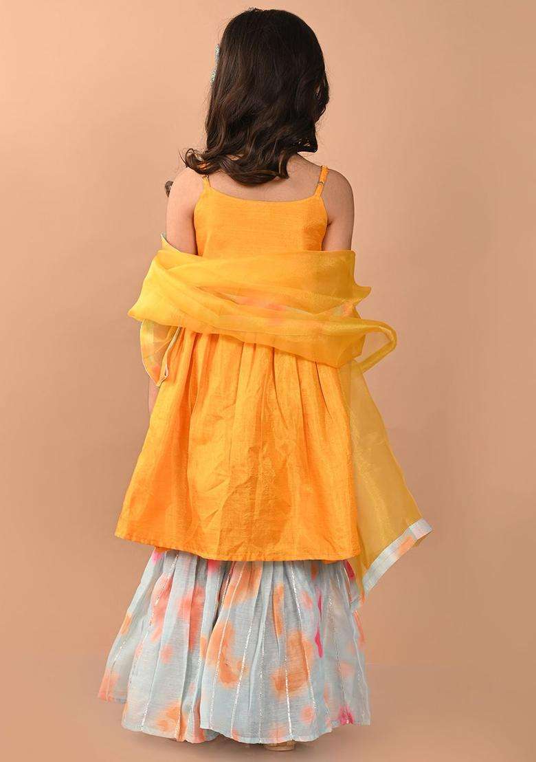 Yellow Embroidered Silk Kurta Set For Girls - Indya