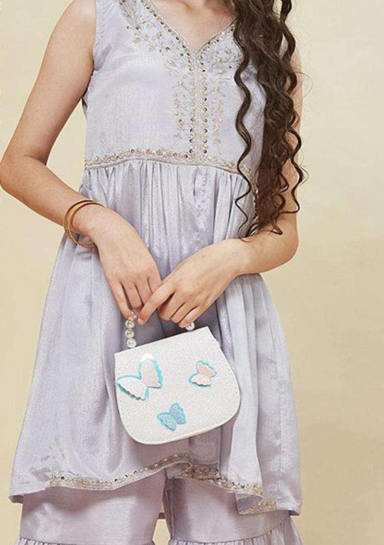Silver Embroidered Silk Kurta Set For Girls - Indya
