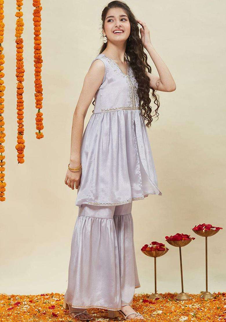 Silver Embroidered Silk Kurta Set For Girls - Indya