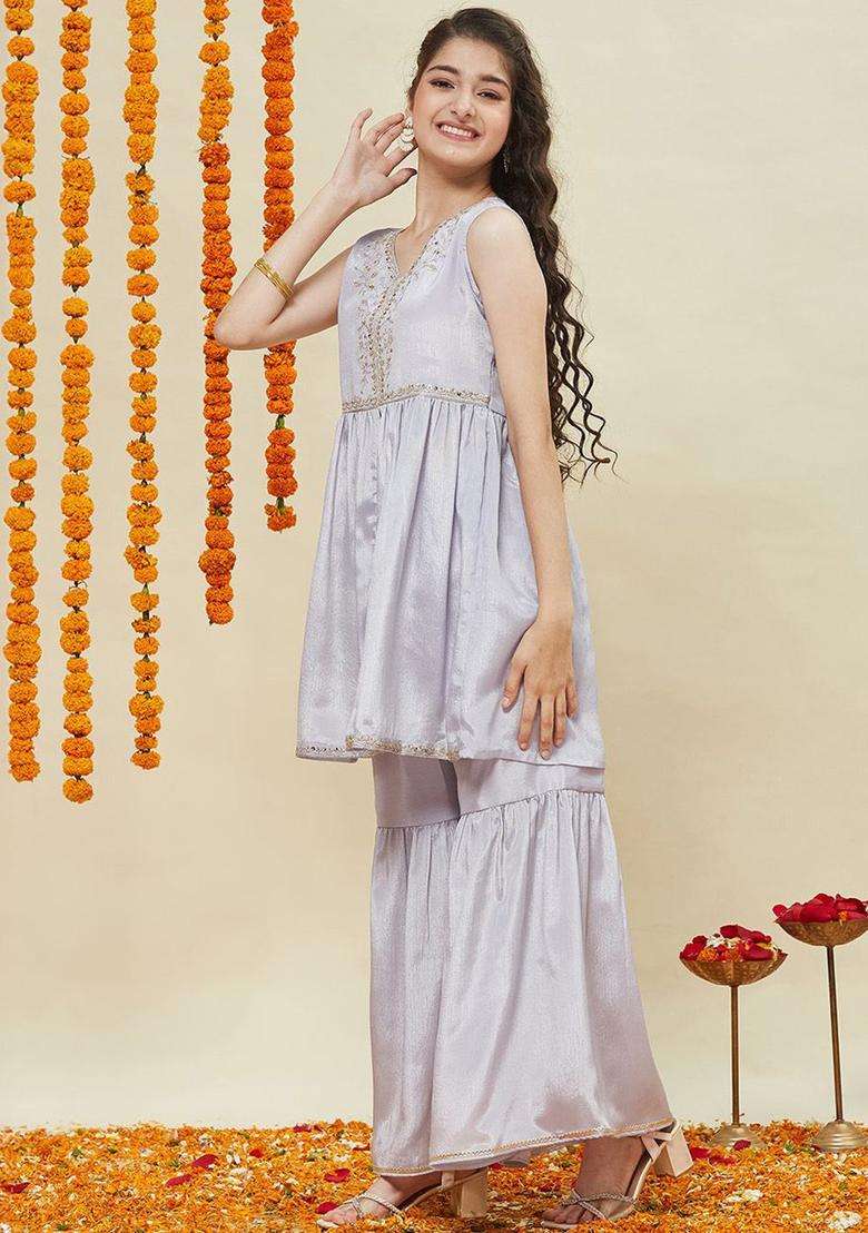 Silver Embroidered Silk Kurta Set For Girls - Indya