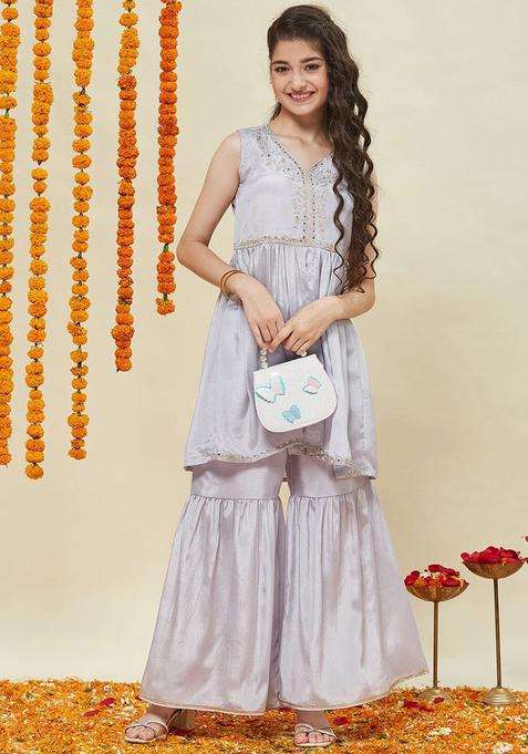 Silver Embroidered Silk Kurta Set For Girls
