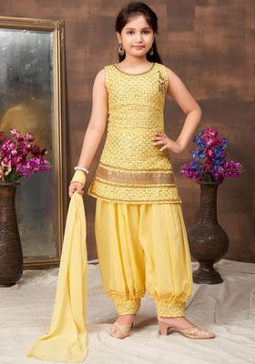 Yellow Printed Georgette Kurta Set For Girls