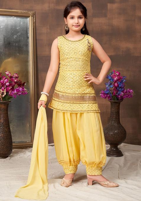 Yellow Printed Georgette Kurta Set For Girls — view on Indya