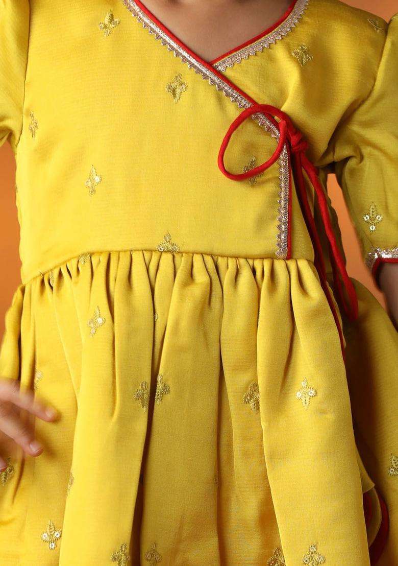 Yellow Embroidered Silk Anarkali Kurta Set For Girls - Indya