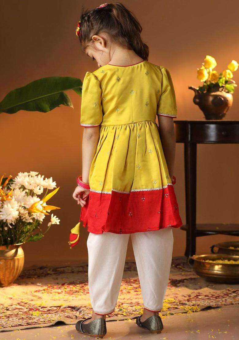 Yellow Embroidered Silk Anarkali Kurta Set For Girls - Indya