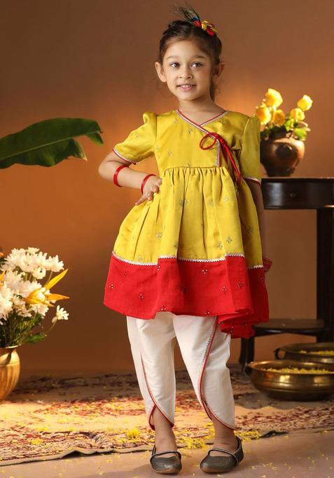 Yellow Embroidered Silk Anarkali Kurta Set For Girls — view on Indya