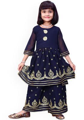 Navy Blue Embroidered Georgette Kurta Set For Girls