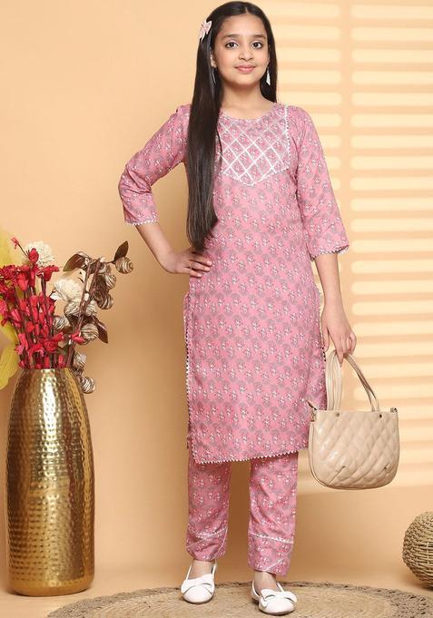 Peach Printed Viscose Kurta Set For Girls — view on Indya