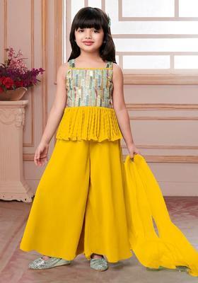 Yellow Embroidered Georgette Kurta Set For Girls