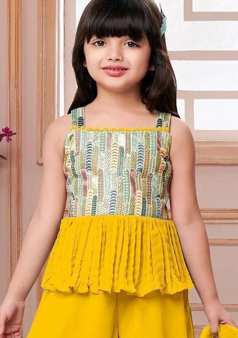 Yellow Embroidered Georgette Kurta Set For Girls - Indya