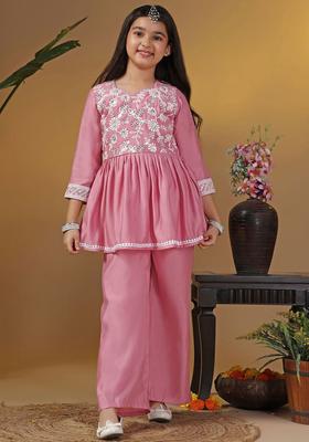 Pink Embroidered Silk Kurta Set For Girls