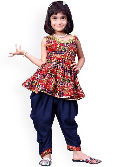 Red Printed Cotton Anarkali Kurta Set For Girls — view on Indya