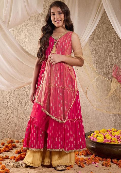 Pink Printed Georgette Anarkali Kurta Set For Girls — view on Indya