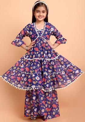 Purple Printed Silk Anarkali Kurta Set For Girls