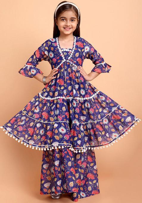 Purple Printed Silk Anarkali Kurta Set For Girls — view on Indya
