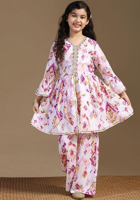 White Printed Cotton Anarkali Kurta Set For Girls — view on Indya