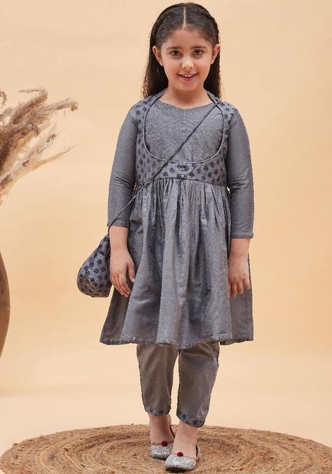 Grey Printed Viscose Anarkali Kurta Set For Girls — view on Indya