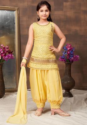 Yellow Embroidered Georgette Kurta Set For Girls