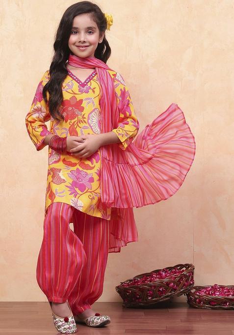 Yellow Printed Viscose Kurta Set For Girls — view on Indya