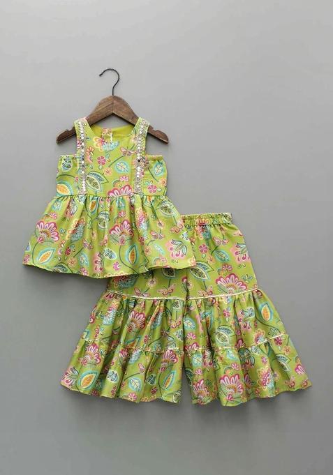 Green Printed Polyester Kurta Set For Girls — view on Indya