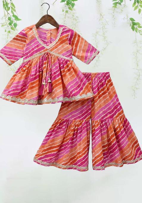 Pink Printed Cotton Kurta Set For Girls — view on Indya