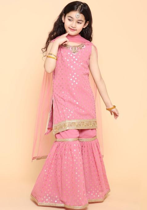 Pink Printed Georgette Kurta Set For Girls — view on Indya