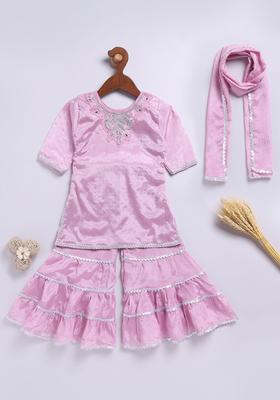 Pink Embroidered Silk Kurta Set For Girls
