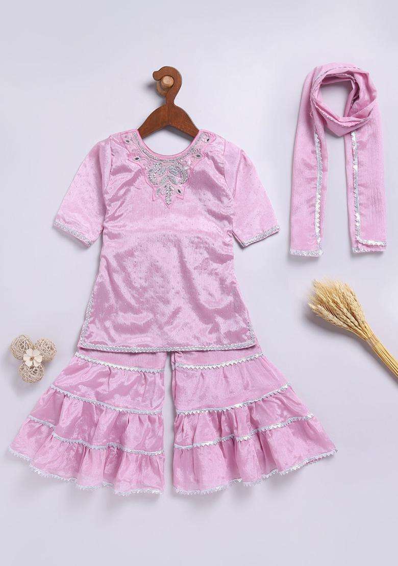 Pink Embroidered Silk Kurta Set For Girls - Indya