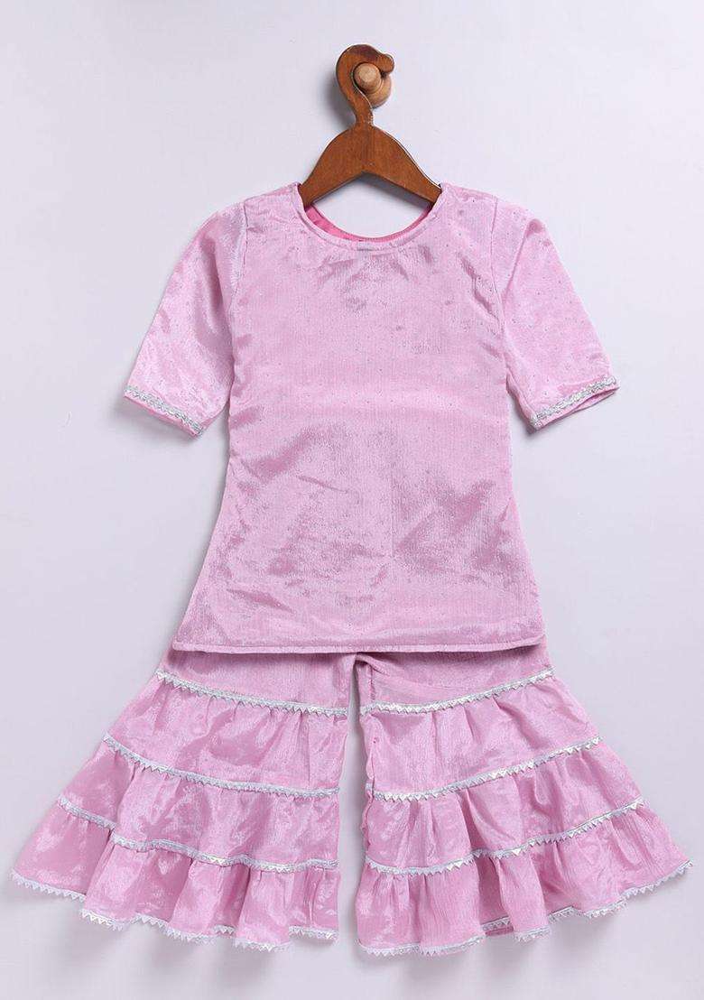 Pink Embroidered Silk Kurta Set For Girls - Indya