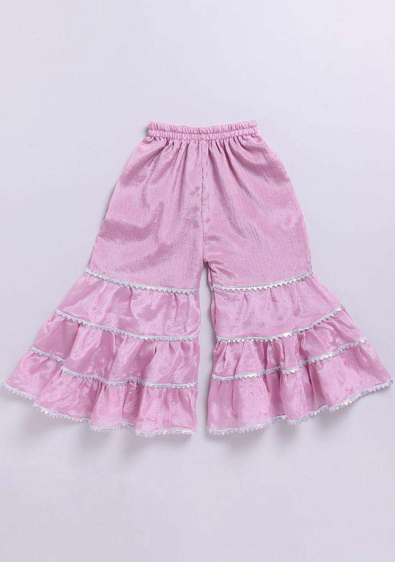 Pink Embroidered Silk Kurta Set For Girls - Indya