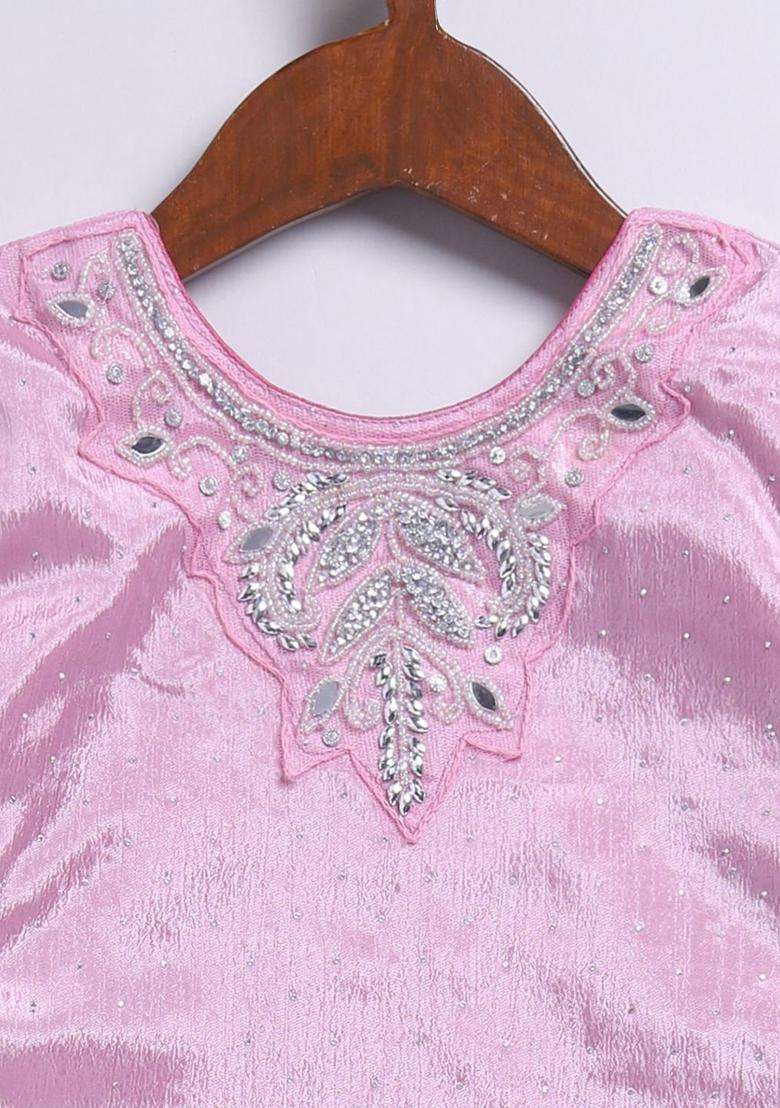 Pink Embroidered Silk Kurta Set For Girls - Indya