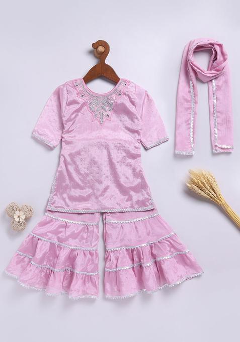 Pink Embroidered Silk Kurta Set For Girls — view on Indya