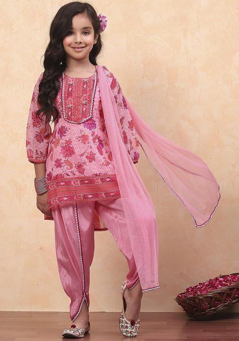 Pink Printed Polyester Kurta Set For Girls — view on Indya