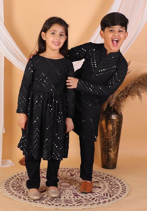 Black Self Design Georgette Anarkali Kurta Set For Girls — view on Indya