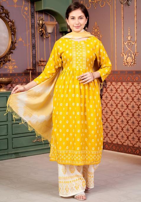 Yellow Printed Viscose Kurta Set For Girls — view on Indya