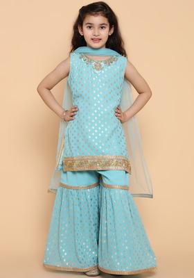 Turquoise Blue Printed Georgette Kurta Set For Girls