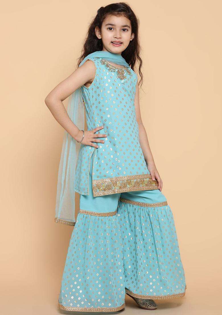 Turquoise Blue Printed Georgette Kurta Set For Girls - Indya