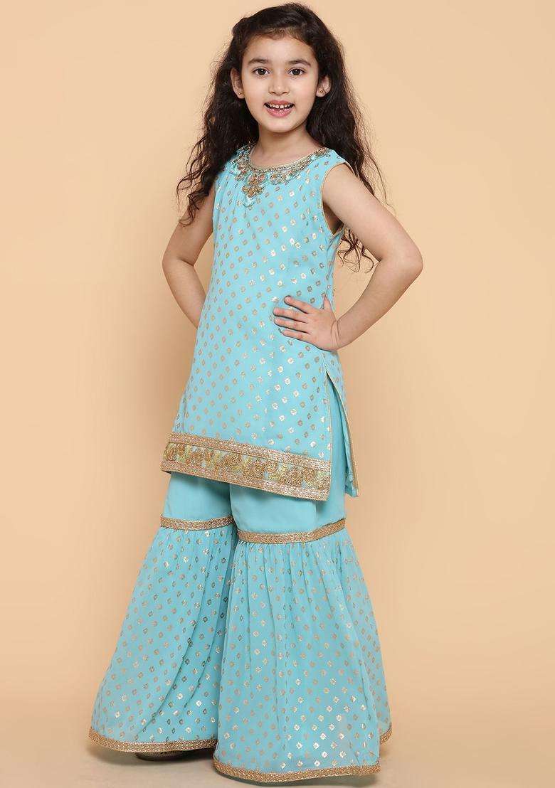 Turquoise Blue Printed Georgette Kurta Set For Girls - Indya