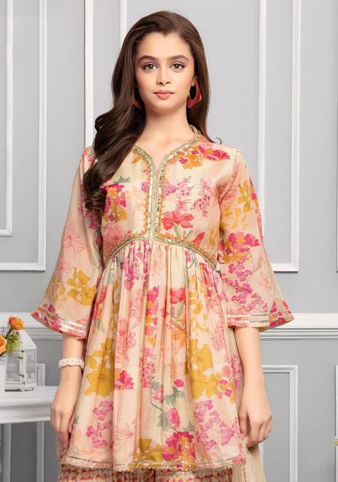 Beige Printed Polyester Kurta Set For Girls — view on Indya