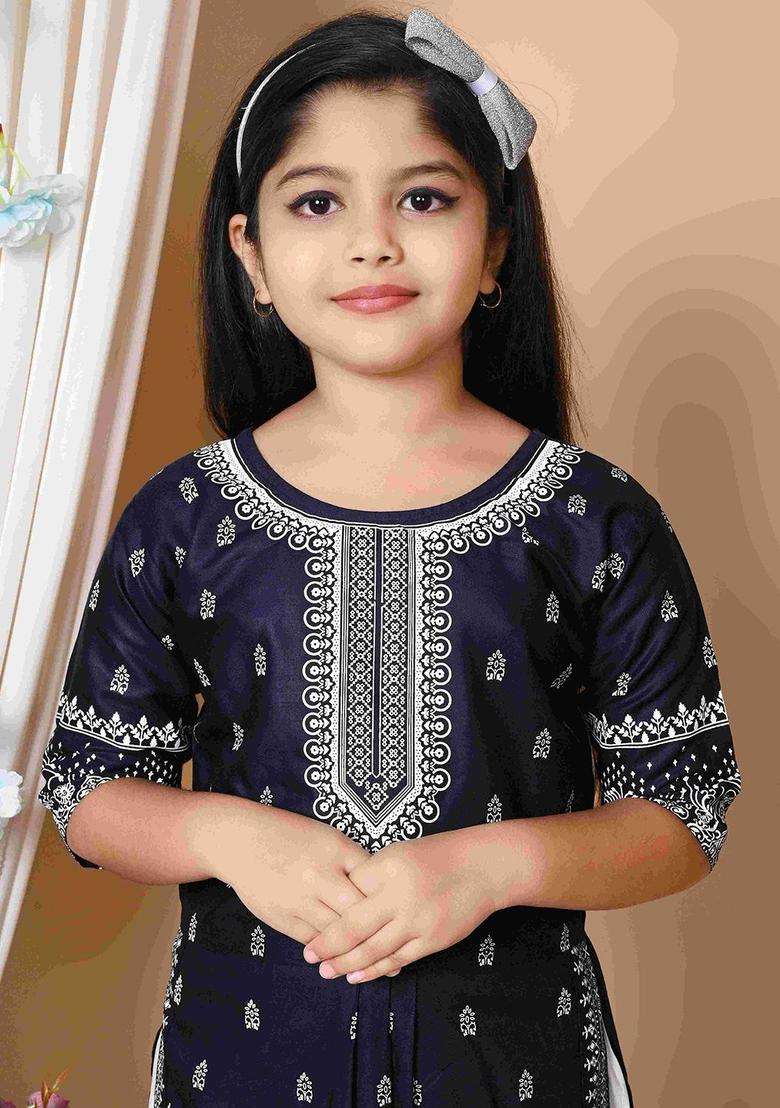 Blue Printed Viscose Kurta Set For Girls - Indya