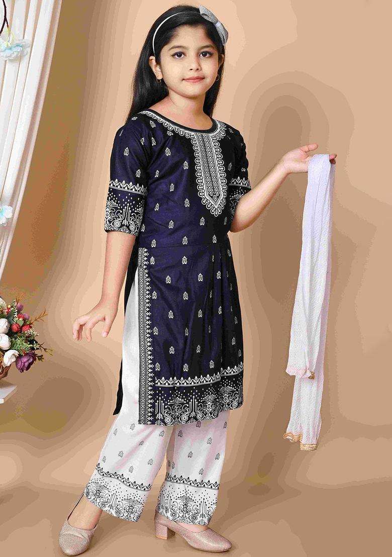 Blue Printed Viscose Kurta Set For Girls - Indya