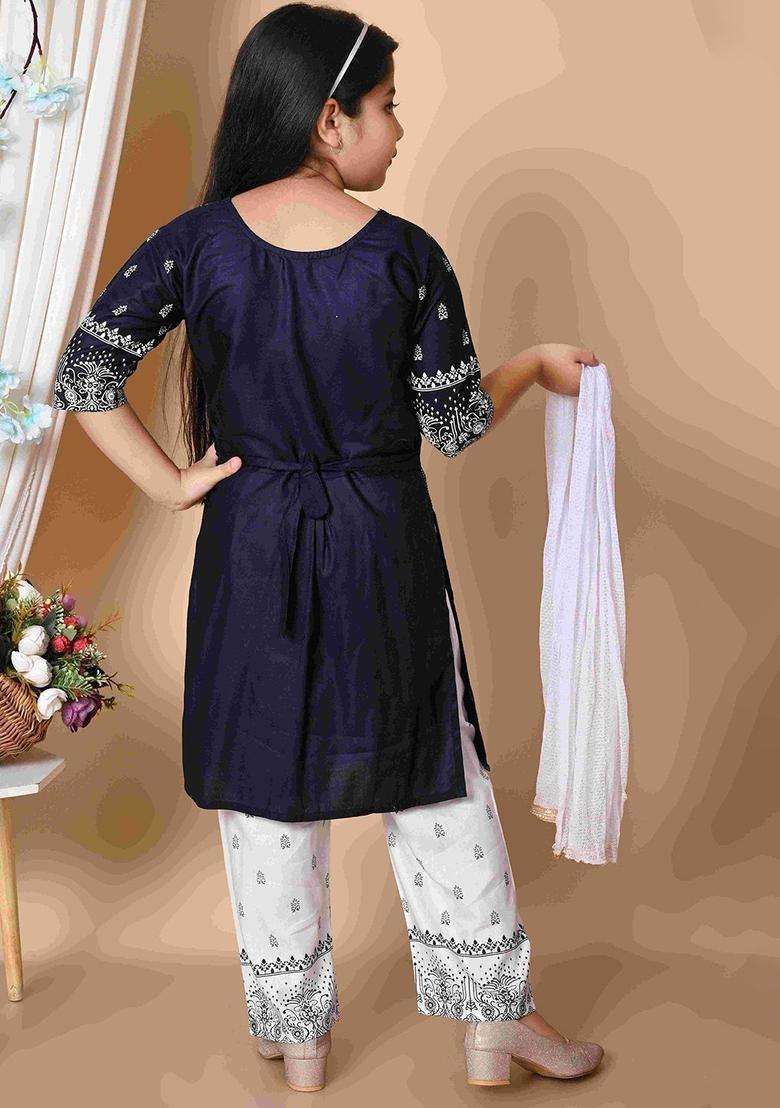 Blue Printed Viscose Kurta Set For Girls - Indya